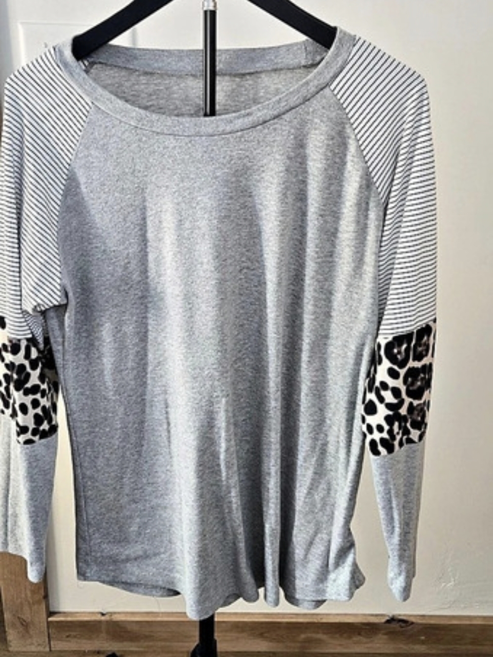 Gray & White Long Sleeve Top With Leopard And Stripe Block Sleeve